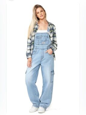 Lana Roux Light Wash Denim Cargo Overalls for Women - Relaxed Fit